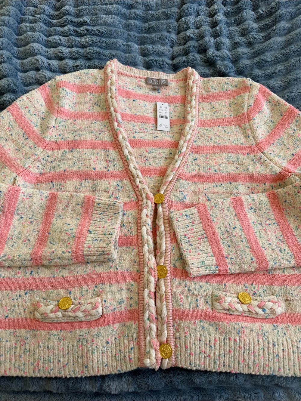 J. Crew Cream and Pink Striped Bouclé Cardigan with Gold Buttons